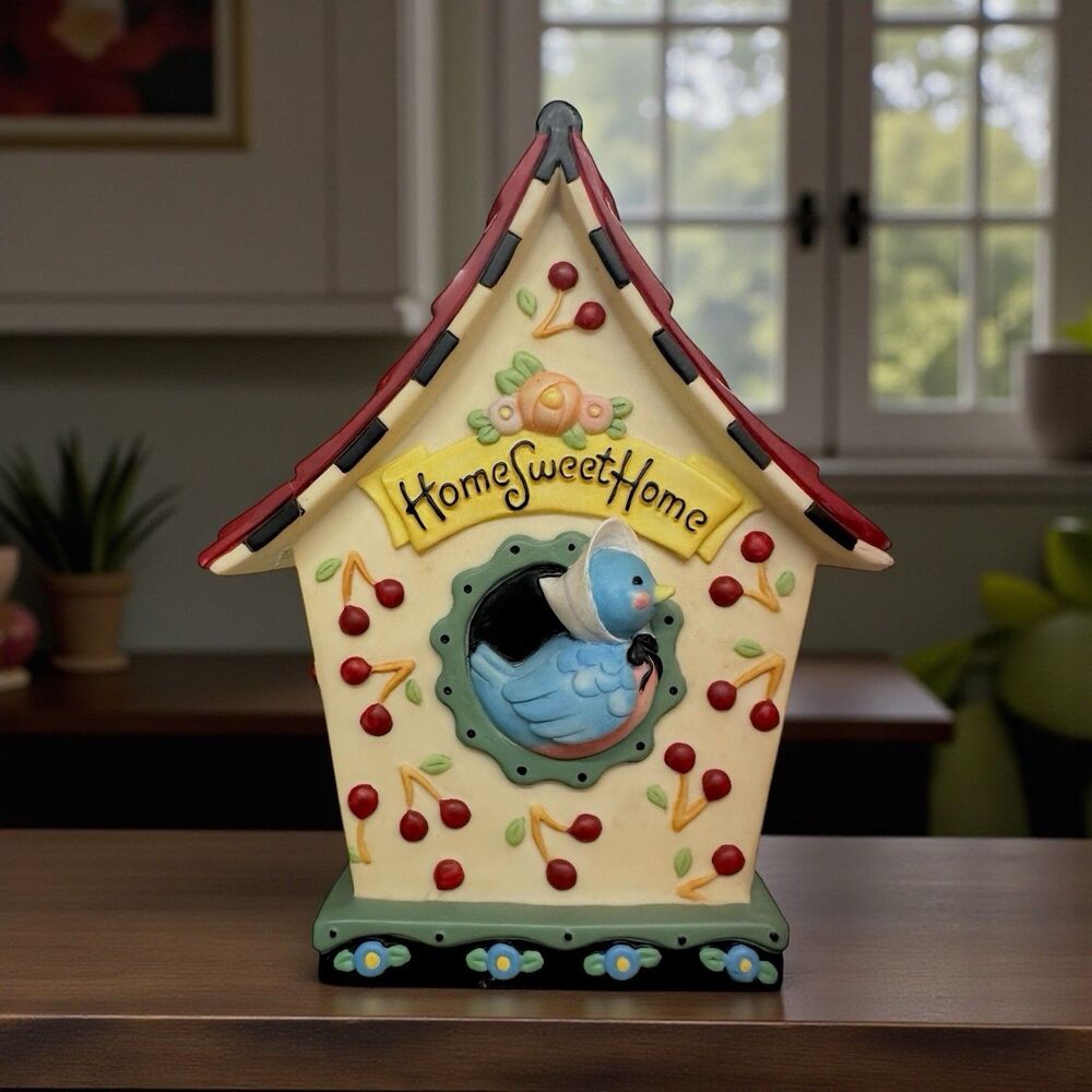 Vtg. 2000 Mary Engelbreit HOME SWEET HOME Birdhouse Coin Bank w/Original Stopper
